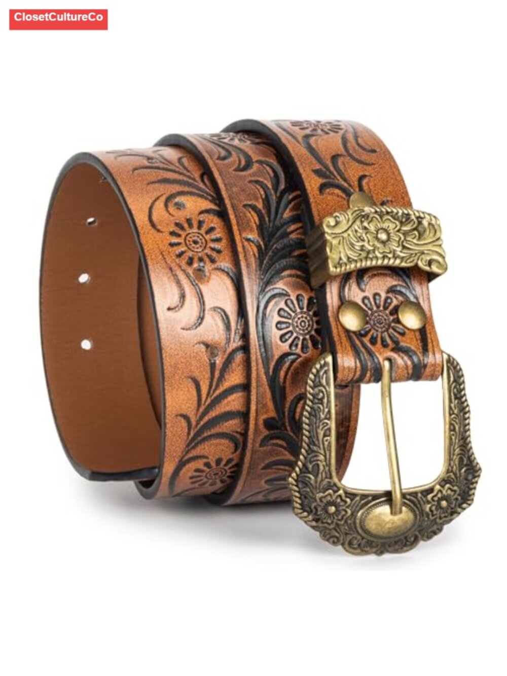 Western Belt PU Leather Floral Carved Metal Buckle Adjustable Jeans